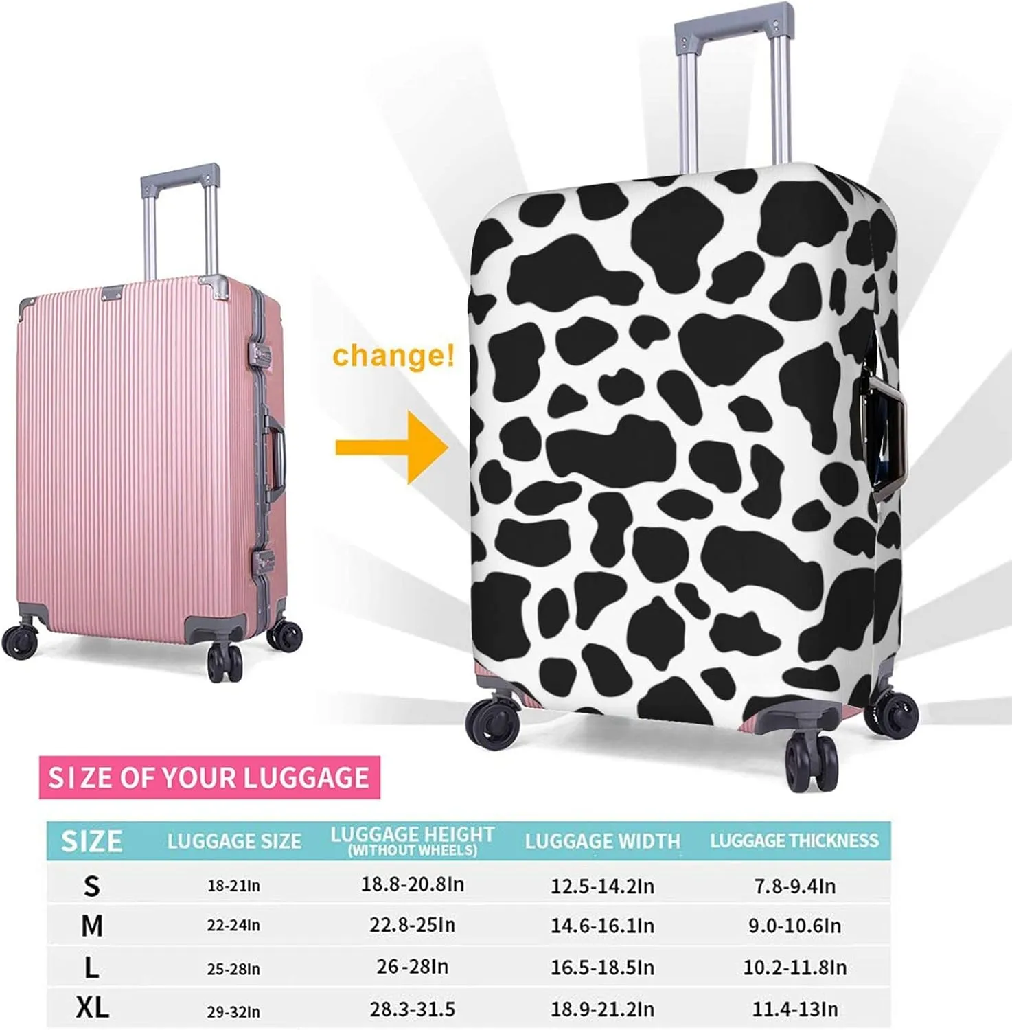 Travel Luggage Cover Fits 18-32 Inch Luggage, Cow Spots Cow Print Travel Suitcase Cover Elastic Washable Wheeled Luggage Protector for Kid and Adult