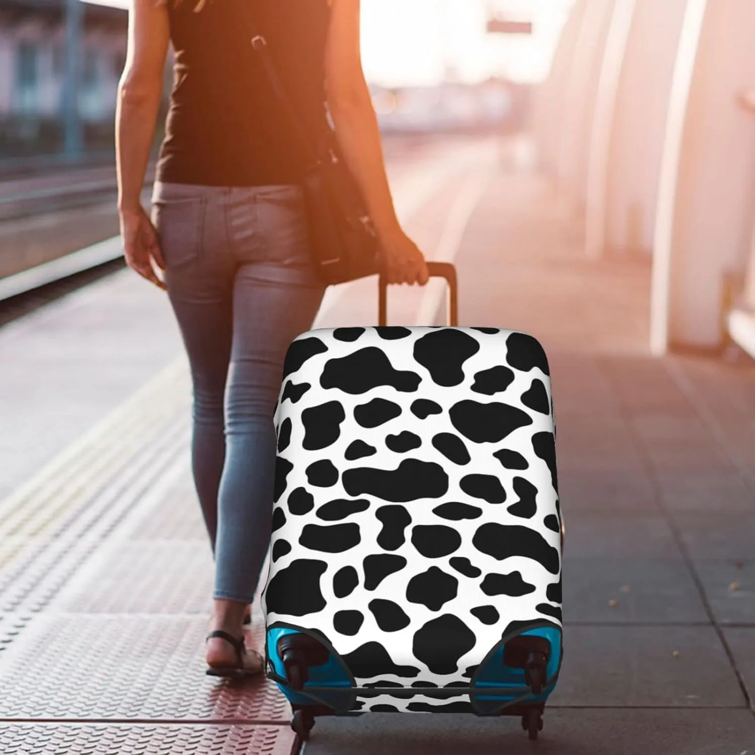Travel Luggage Cover Fits 18-32 Inch Luggage, Cow Spots Cow Print Travel Suitcase Cover Elastic Washable Wheeled Luggage Protector for Kid and Adult