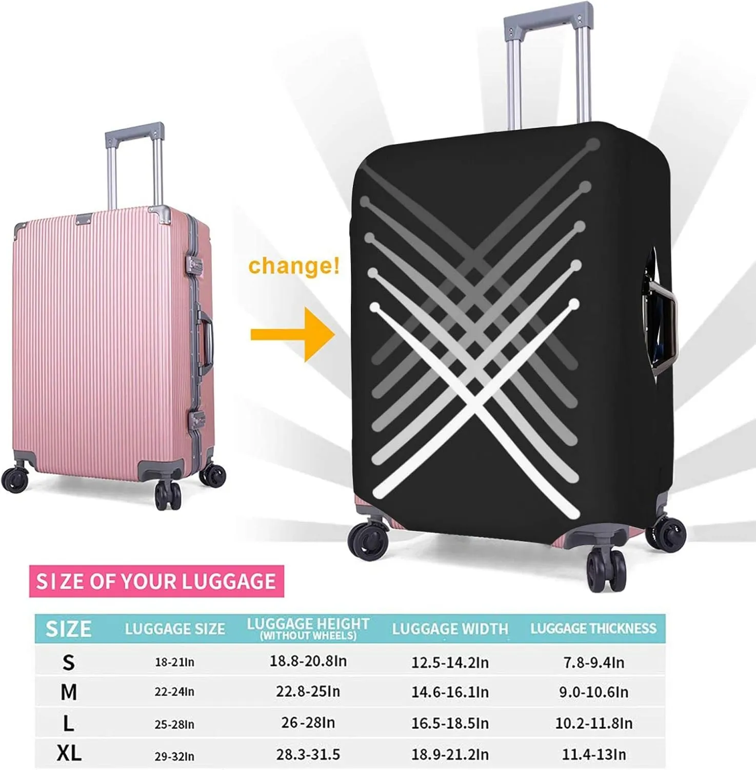 Travel Luggage Cover Fits 18-32 Inch Luggage, Crossed Drum Sticks Suitcase Cover Elastic Washable Wheeled Luggage Protector for Kid and Adult