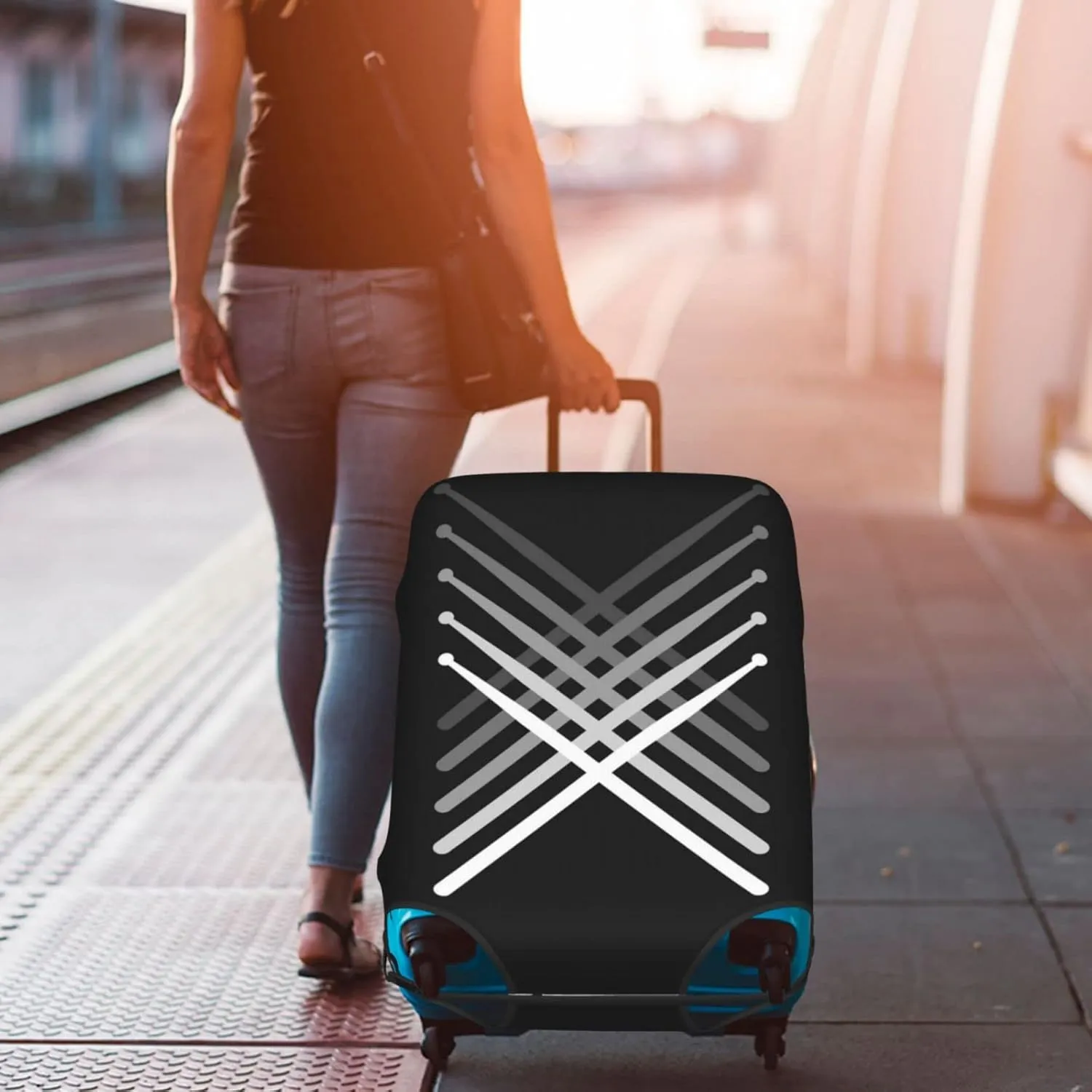 Travel Luggage Cover Fits 18-32 Inch Luggage, Crossed Drum Sticks Suitcase Cover Elastic Washable Wheeled Luggage Protector for Kid and Adult