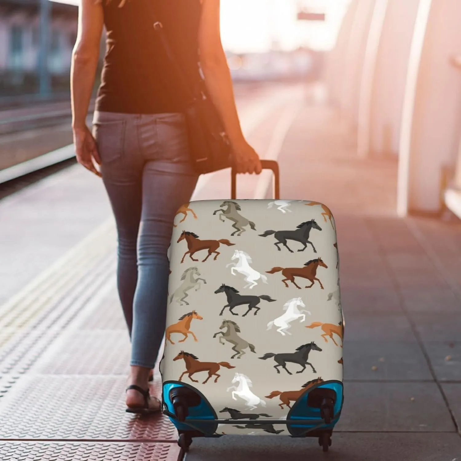 Travel Luggage Cover Fits 18-32 Inch Luggage, Horse Sports Grey Suitcase Cover Elastic Washable Wheeled Luggage Protector for Kid and Adult