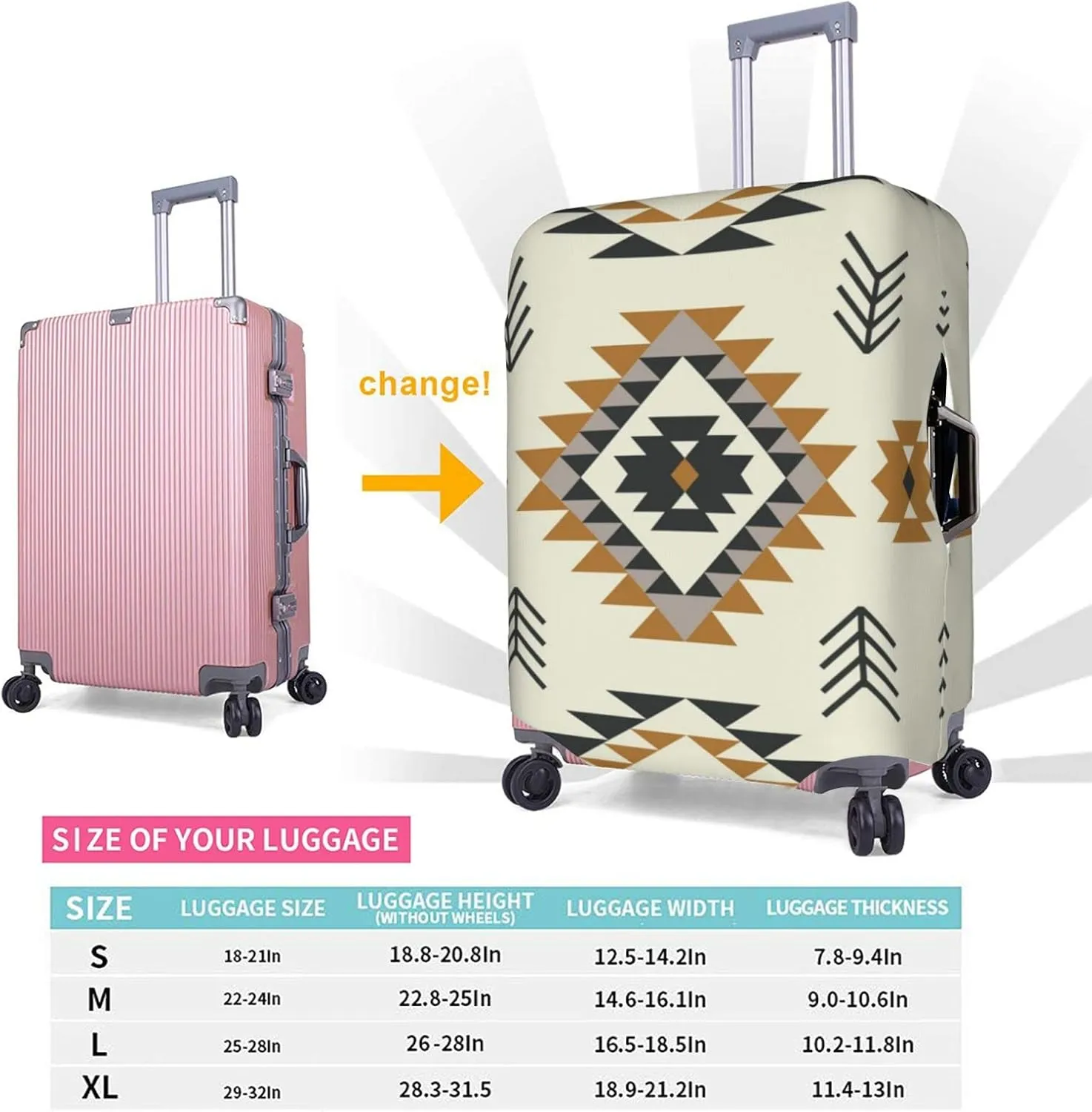 Travel Luggage Cover Fits 18/24/28/32 Inch Luggage, Aztec Ethnic Bohemian Striped Suitcase Cover Elastic Washable Wheeled Luggage Protector for Kid and Adult