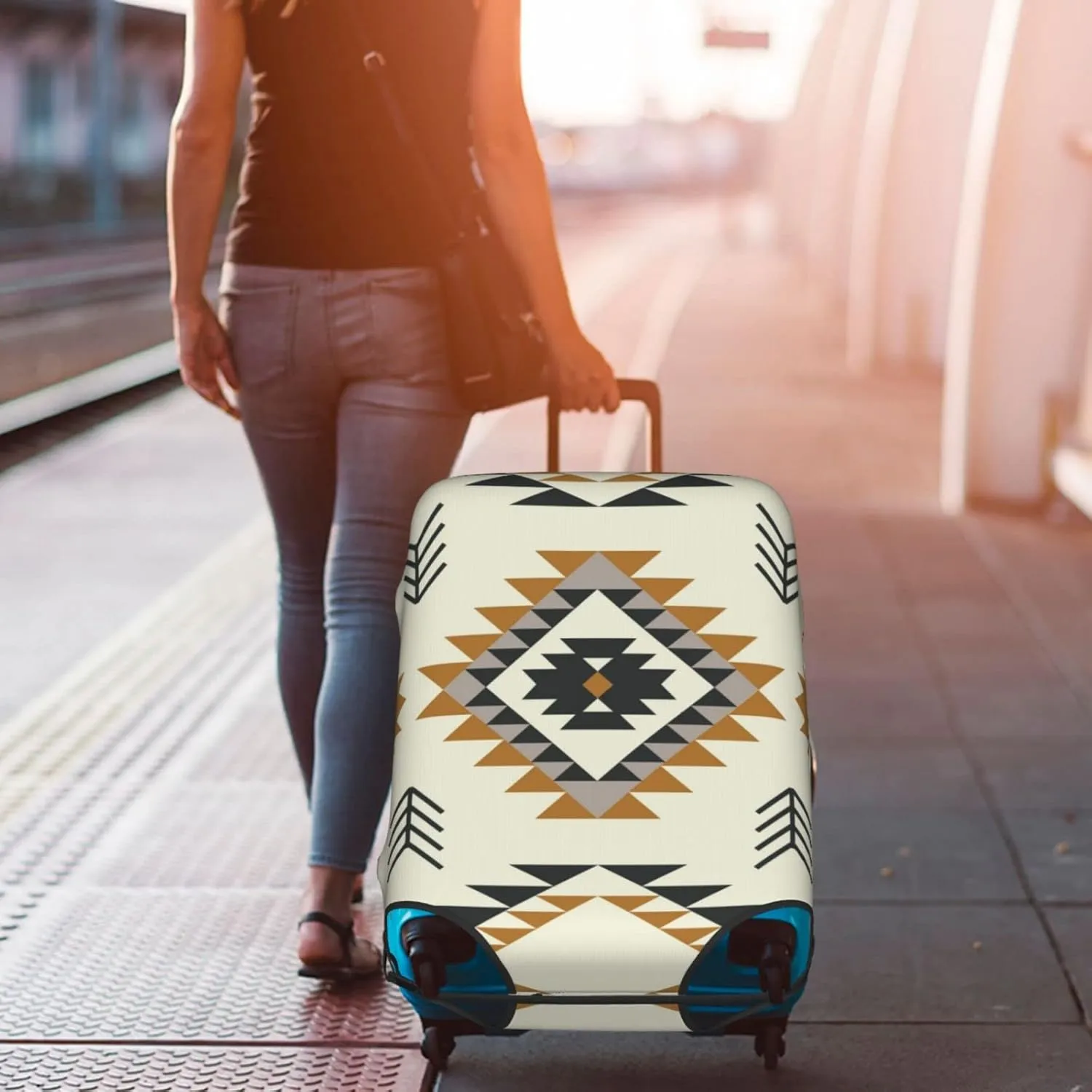 Travel Luggage Cover Fits 18/24/28/32 Inch Luggage, Aztec Ethnic Bohemian Striped Suitcase Cover Elastic Washable Wheeled Luggage Protector for Kid and Adult