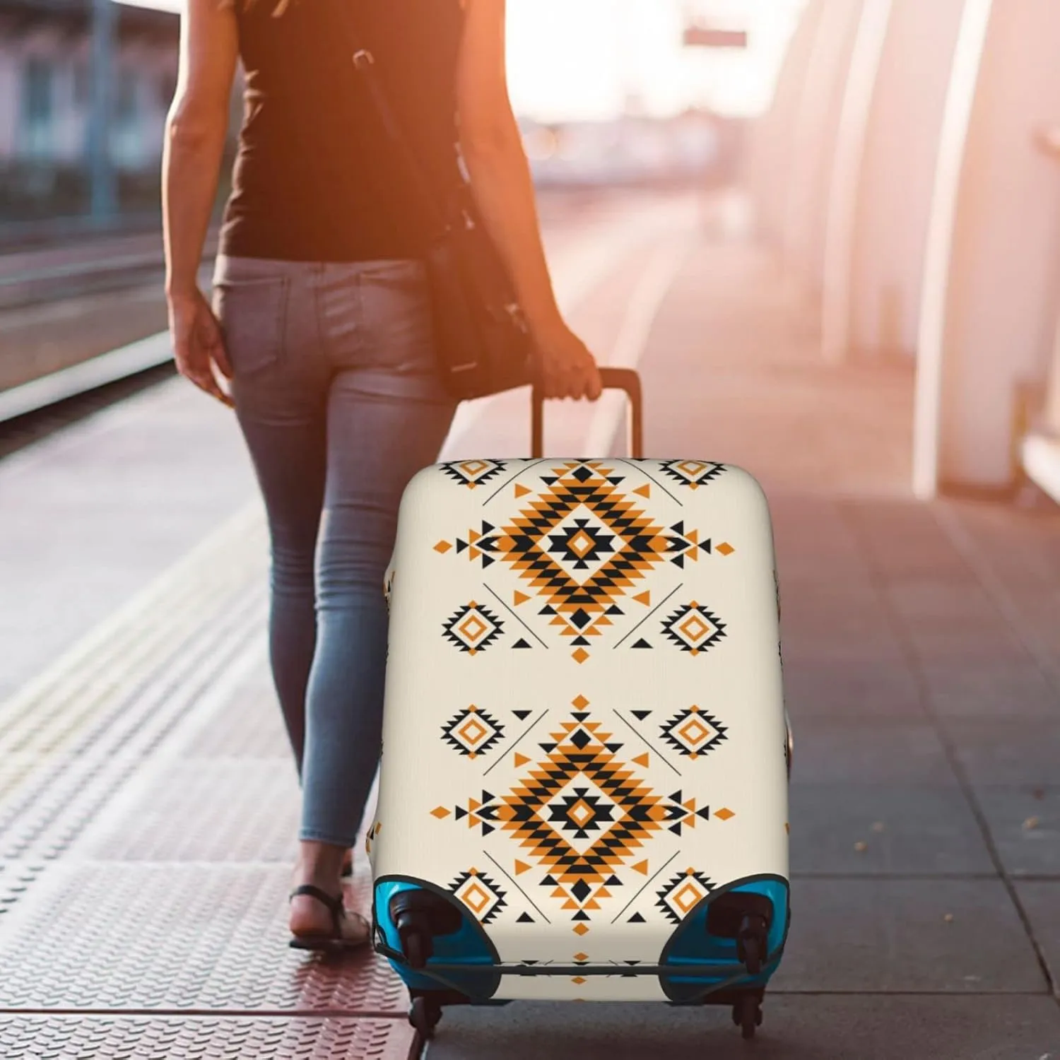 Travel Luggage Cover Fits 18/24/28/32 Inch Luggage, Aztec Ethnic Geometric African Suitcase Cover Elastic Washable Wheeled Luggage Protector for Kid and Adult
