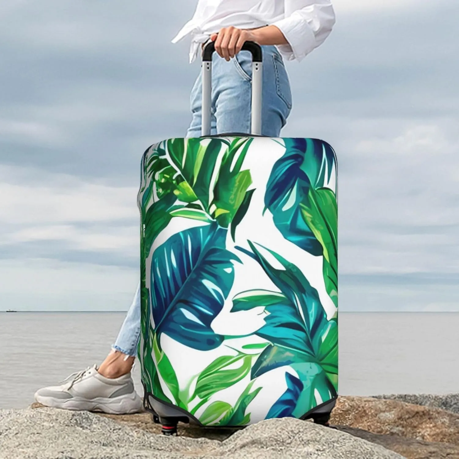 Travel Luggage Cover Green Palm Leaves White Anti-Scratch Washable Suitcase Protector Elastic Suitcases Stylish Baggage Cover Wheeled Suitcase Kids Adults Keep Clean X-Large