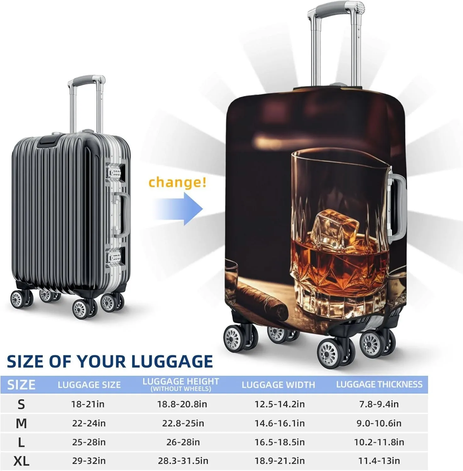 Travel Luggage Cover Protector Whisky and Cigar Suitcase Cover Washable Elastic Suitcase Protector Anti-Scratch Suitcase Cover Fits 18-32 Inch Luggage