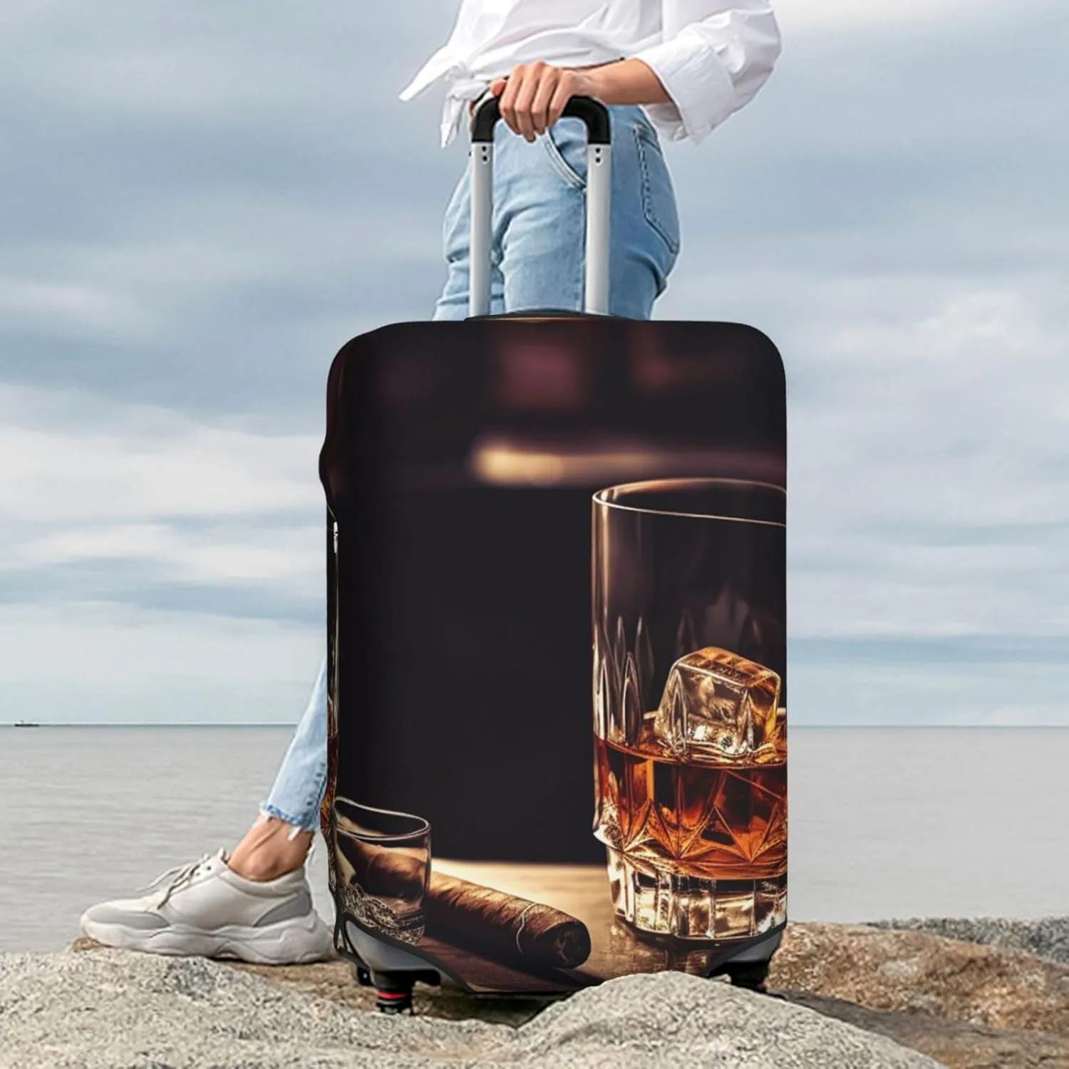 Travel Luggage Cover Protector Whisky and Cigar Suitcase Cover Washable Elastic Suitcase Protector Anti-Scratch Suitcase Cover Fits 18-32 Inch Luggage