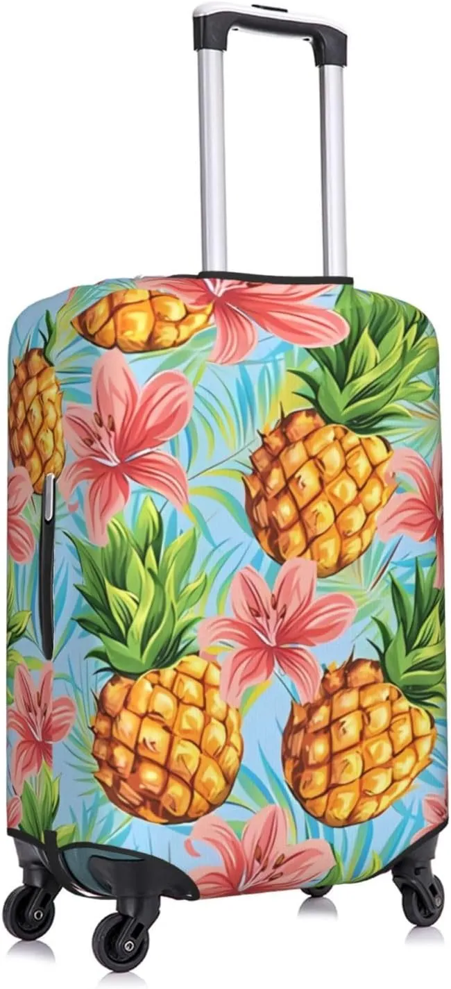 Travel Luggage Cover Suitcase Elastic Washable Stretch Pineapples With Palm Plants Leaves Suitcase Protector Bag,Anti-Scratch Spandex Double-Sided Baggage Covers For Wheeled Suitcase Kid Adult