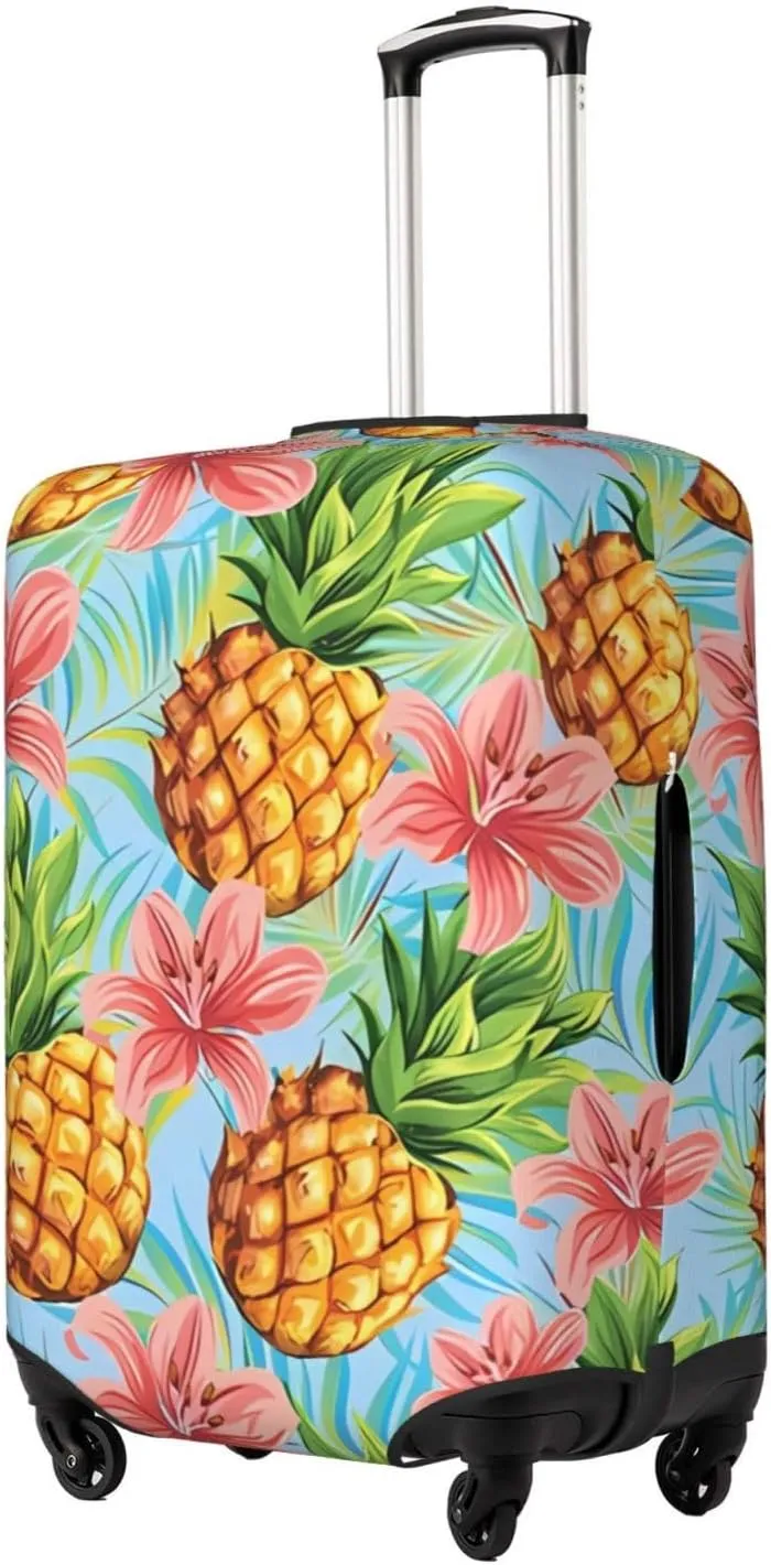 Travel Luggage Cover Suitcase Elastic Washable Stretch Pineapples With Palm Plants Leaves Suitcase Protector Bag,Anti-Scratch Spandex Double-Sided Baggage Covers For Wheeled Suitcase Kid Adult