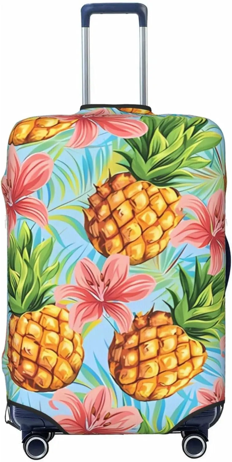 Travel Luggage Cover Suitcase Elastic Washable Stretch Pineapples With Palm Plants Leaves Suitcase Protector Bag,Anti-Scratch Spandex Double-Sided Baggage Covers For Wheeled Suitcase Kid Adult