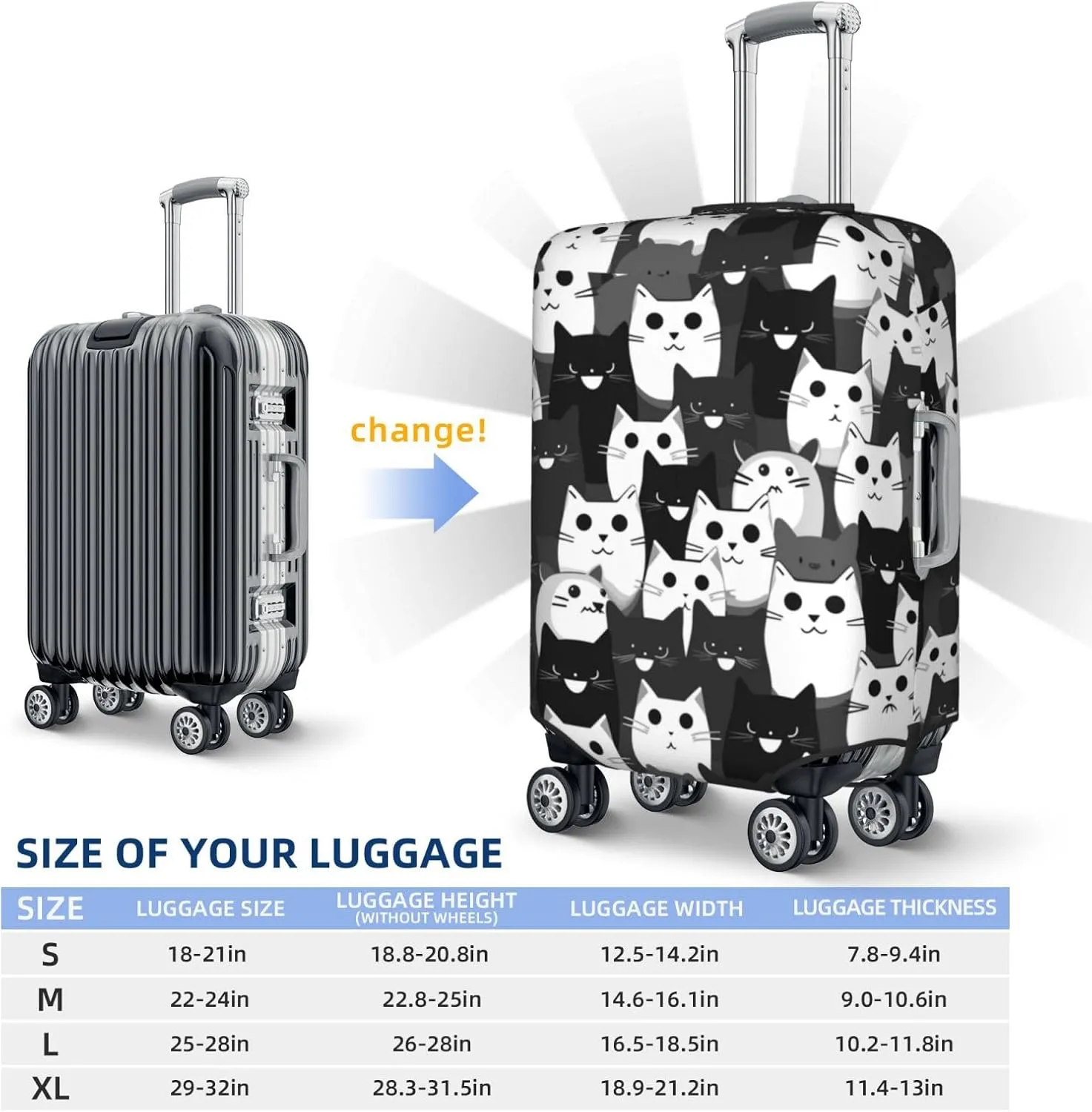 Travel Luggage Cover,Cat Black White Suitcase Protector Protector Spandex Anti-Scratch Washable, Suitcase Cover For Wheeled Suitcase Kid Adult Travel Baggage Accessories,X-Large