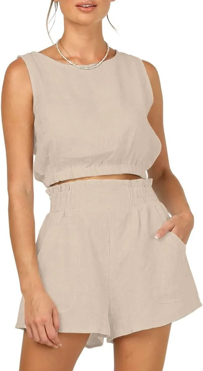 Trendy Queen Womens Summer 2 Piece Outfits Short Sets Matching Sleeveless Tank Top High Waisted Shorts with Pockets