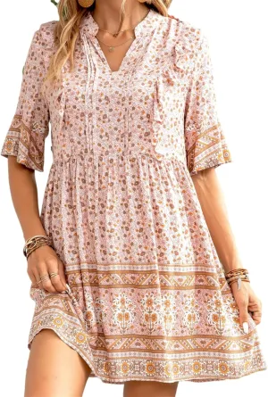Trendy Summer Dresses Womens Elegant Short Sleeve V Neck Floral Mini Dresses Casual Flowy Beach Vacation Dresses Cute