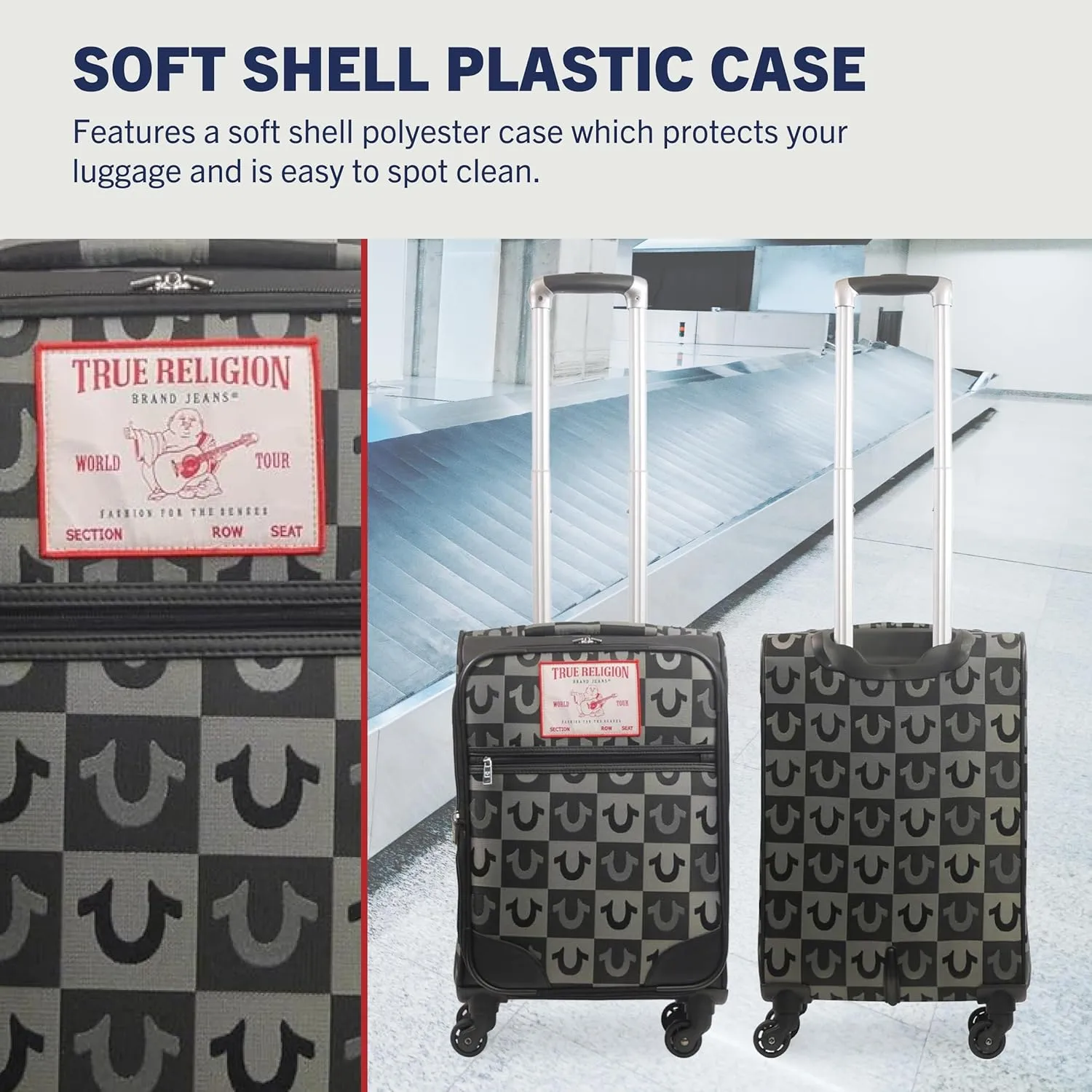 True Religion 23" Rolling Luggage, Soft Sided Suitecases with Spinner Wheels, Black, 23 Inch