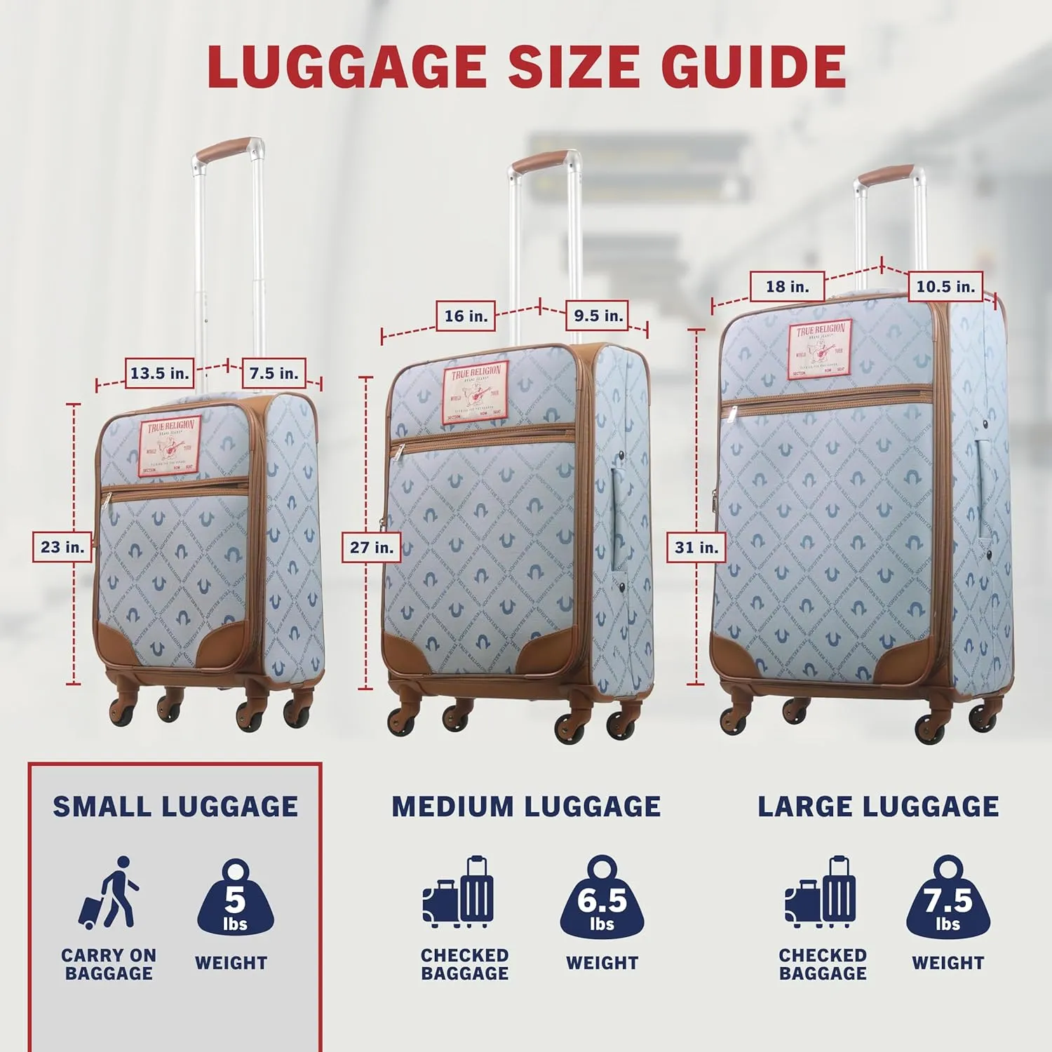 True Religion 23" Rolling Luggage, Soft Sided Suitecases with Spinner Wheels, Denim, 23 Inch