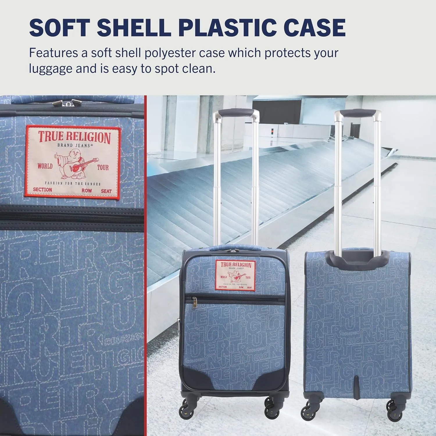 True Religion 23" Rolling Luggage, Softshell Suitcase with Spinner Wheels, Denim, 23 Inch