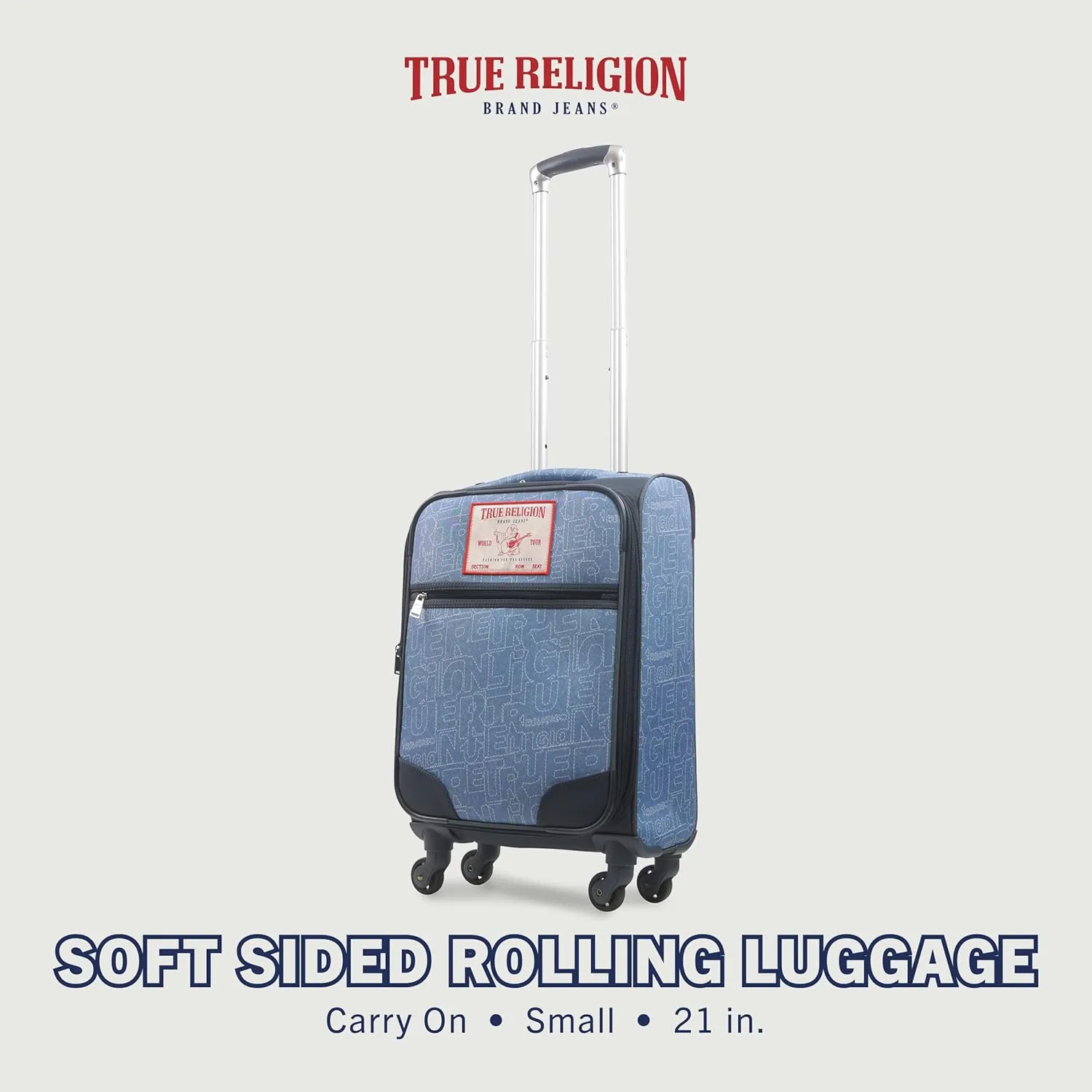 True Religion 23" Rolling Luggage, Softshell Suitcase with Spinner Wheels, Denim, 23 Inch