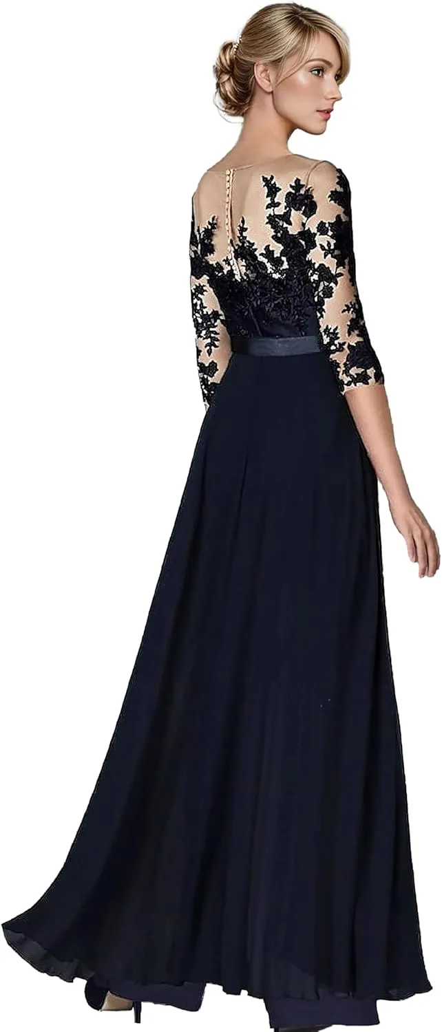 Two-Piece Mother of The Bride Pant Suit for Wedding Appliques Crewneck 1/2 Sleeves Formal Evening Gowns