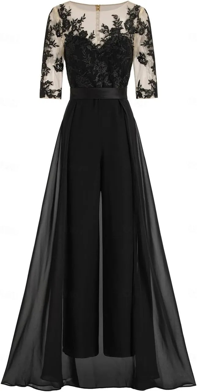Two-Piece Mother of The Bride Pant Suit for Wedding Appliques Crewneck 1/2 Sleeves Formal Evening Gowns