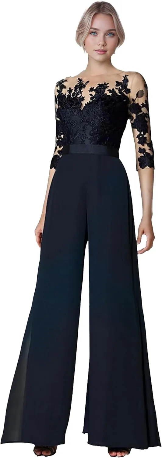 Two-Piece Mother of The Bride Pant Suit for Wedding Appliques Crewneck 1/2 Sleeves Formal Evening Gowns