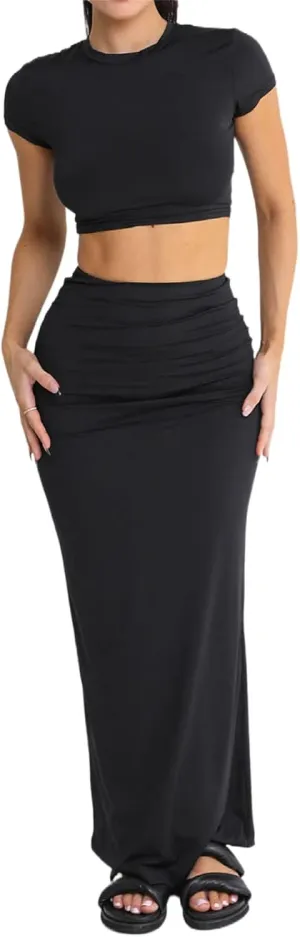 Two Piece Skirt Set for Women 2 PC Y2K Outfits Short Sleeve Crop Tops Bodycon High Waist Long Maxi Skirts