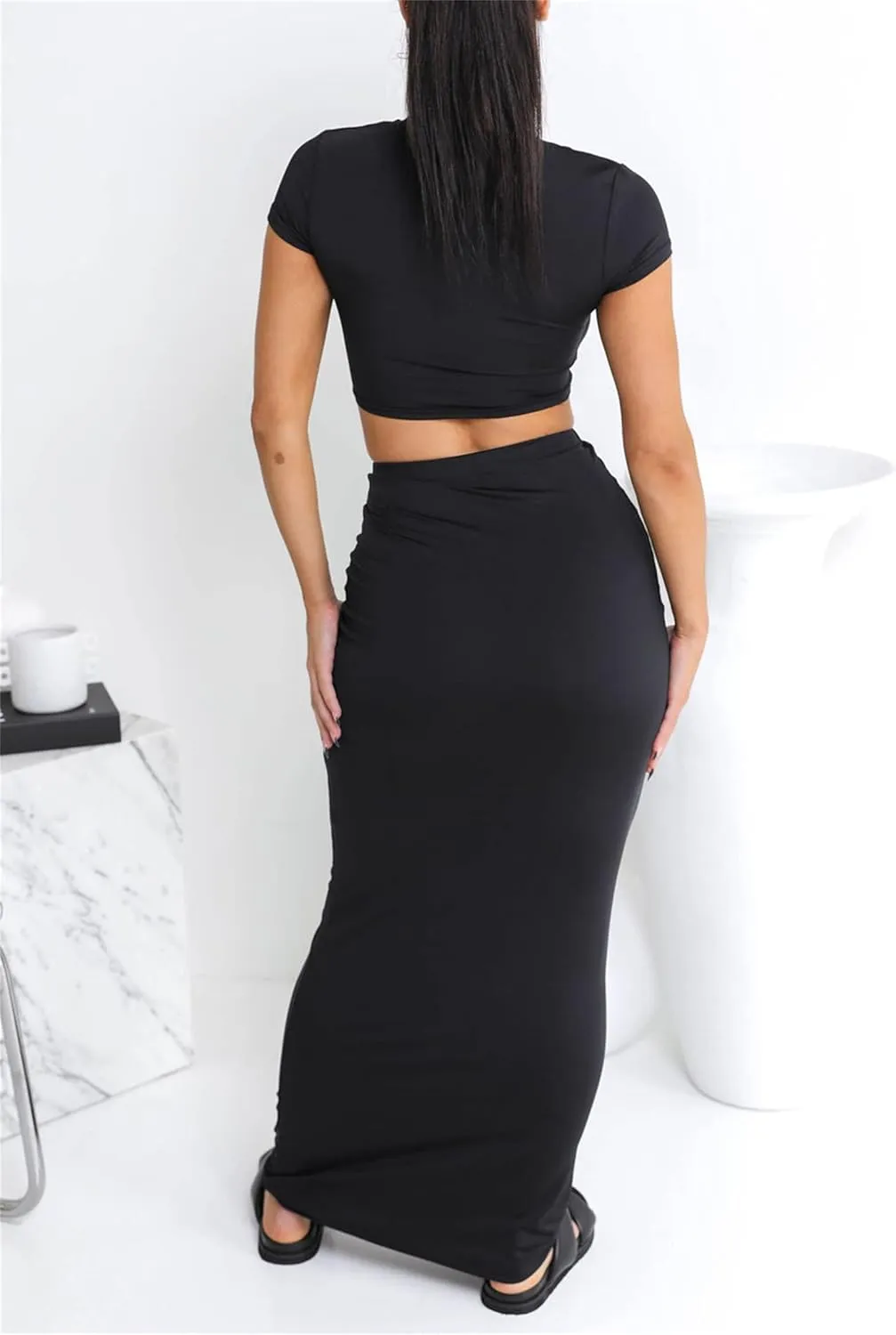 Two Piece Skirt Set for Women 2 PC Y2K Outfits Short Sleeve Crop Tops Bodycon High Waist Long Maxi Skirts