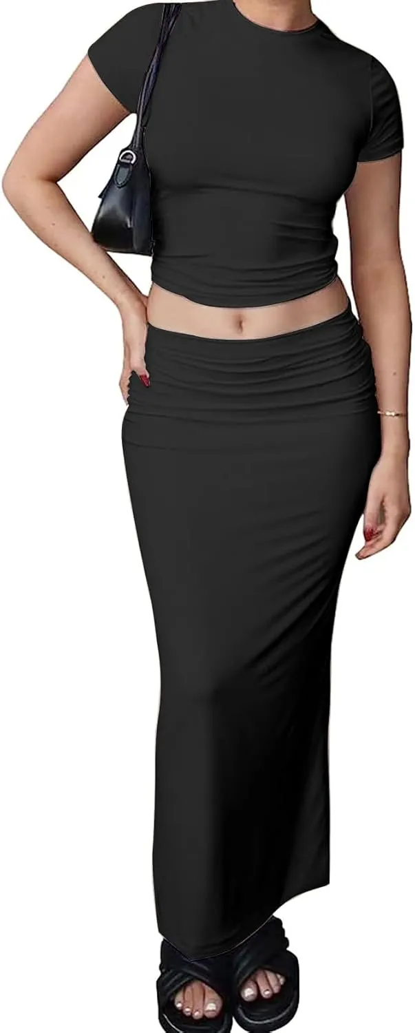 Two Piece Skirt Set for Women 2 PC Y2K Outfits Short Sleeve Crop Tops Bodycon High Waist Long Maxi Skirts
