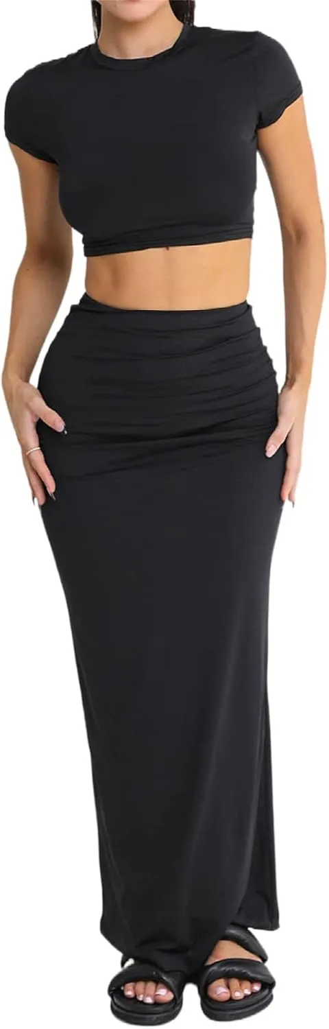 Two Piece Skirt Set for Women 2 PC Y2K Outfits Short Sleeve Crop Tops Bodycon High Waist Long Maxi Skirts