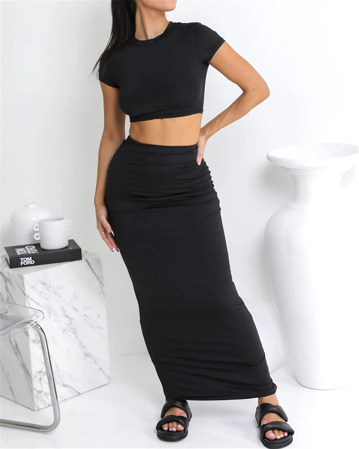 Two Piece Skirt Set for Women 2 PC Y2K Outfits Short Sleeve Crop Tops Bodycon High Waist Long Maxi Skirts