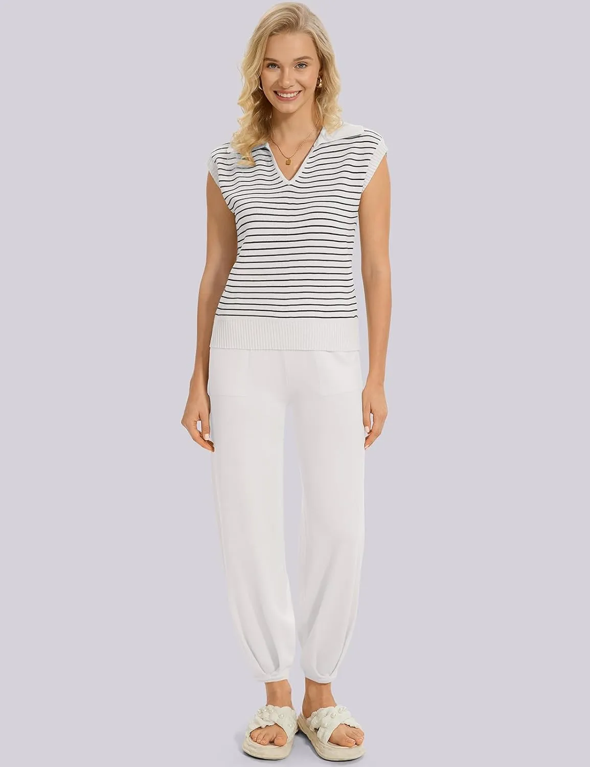 UEU Women's 2 Piece Outfits 2025 Summer Striped Knit Sweater Vest Top & Pants Casual Travel Matching Trendy Lounge Sets