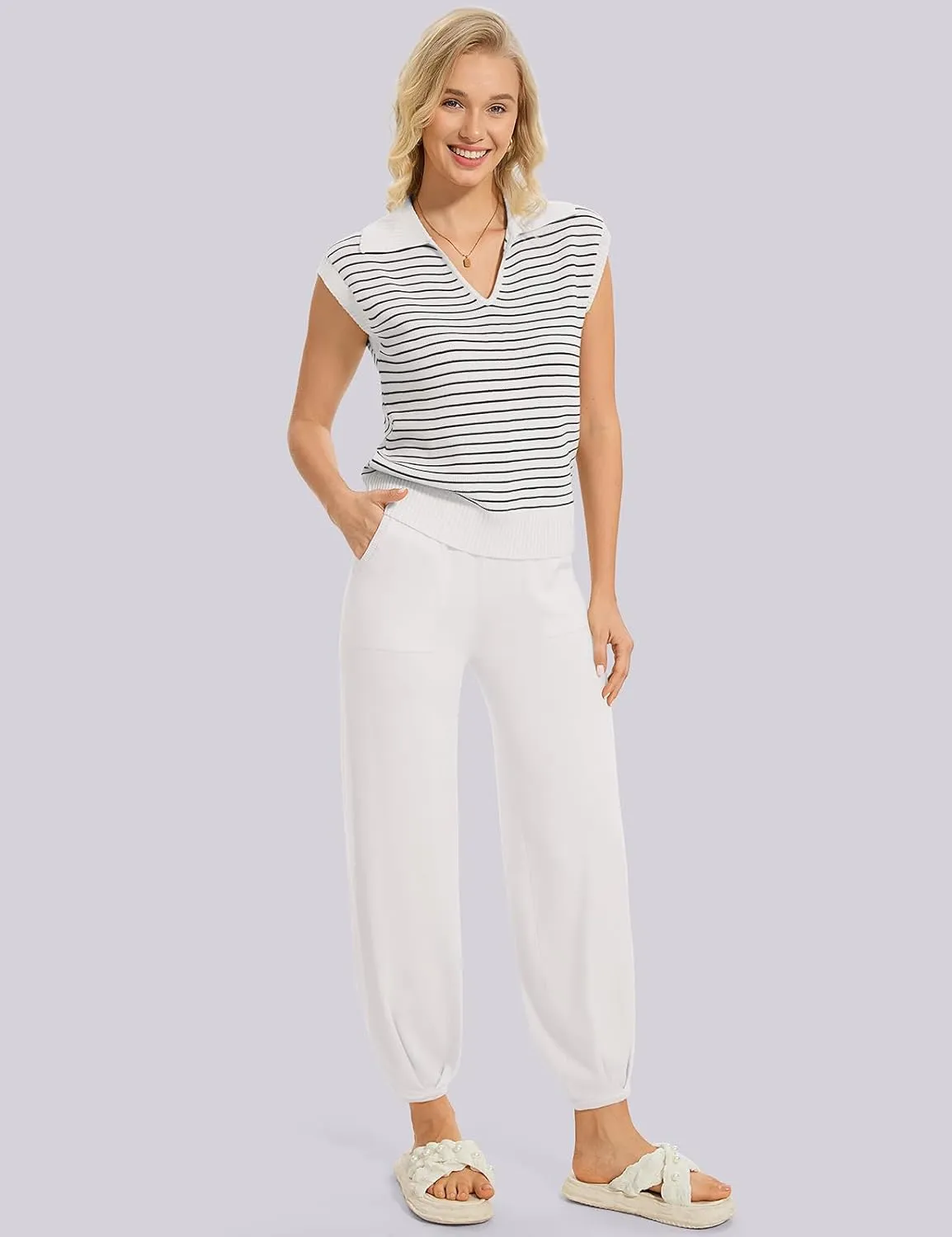UEU Women's 2 Piece Outfits 2025 Summer Striped Knit Sweater Vest Top & Pants Casual Travel Matching Trendy Lounge Sets