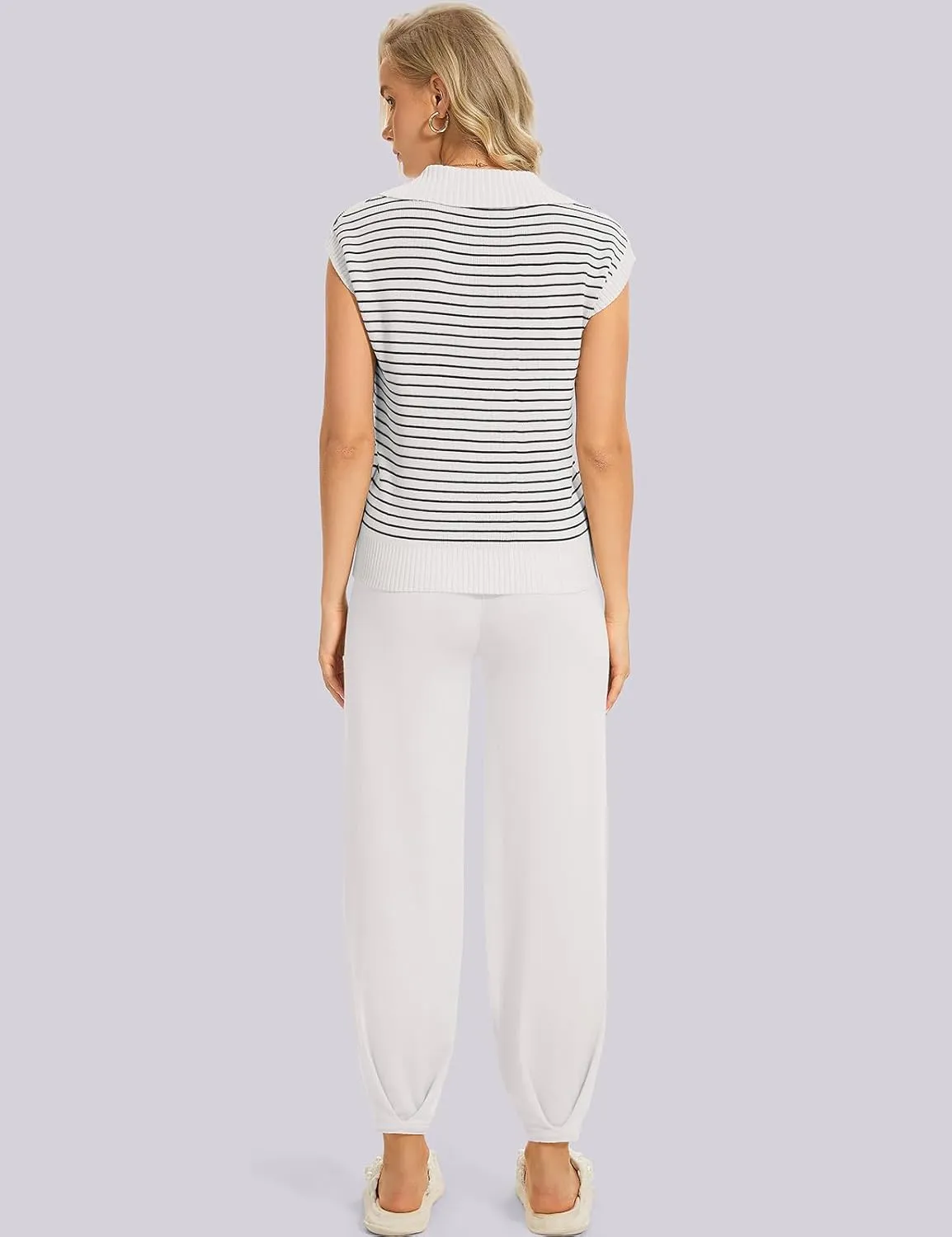 UEU Women's 2 Piece Outfits 2025 Summer Striped Knit Sweater Vest Top & Pants Casual Travel Matching Trendy Lounge Sets