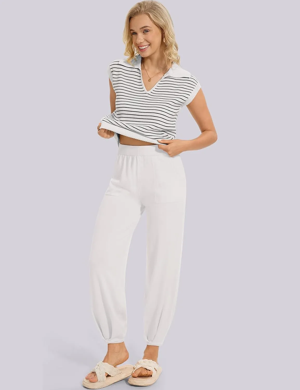 UEU Women's 2 Piece Outfits 2025 Summer Striped Knit Sweater Vest Top & Pants Casual Travel Matching Trendy Lounge Sets