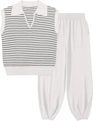 UEU Women's 2 Piece Outfits 2025 Summer Striped Knit Sweater Vest Top & Pants Casual Travel Matching Trendy Lounge Sets
