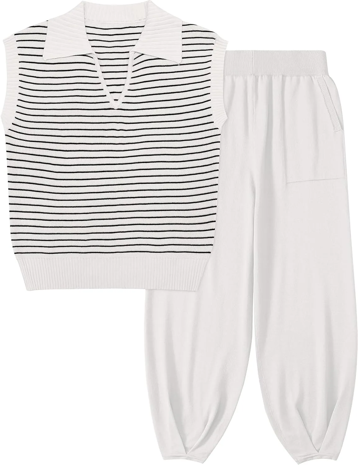 UEU Women's 2 Piece Outfits 2025 Summer Striped Knit Sweater Vest Top & Pants Casual Travel Matching Trendy Lounge Sets