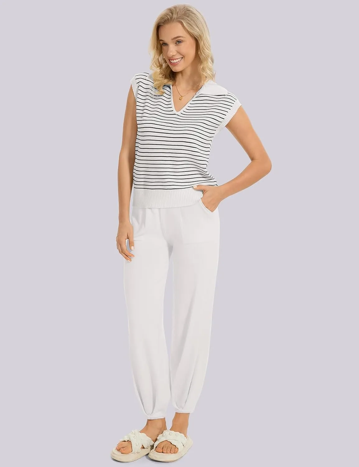 UEU Women's 2 Piece Outfits 2025 Summer Striped Knit Sweater Vest Top & Pants Casual Travel Matching Trendy Lounge Sets