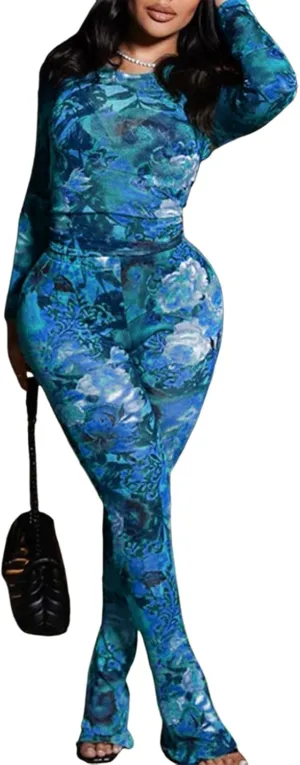 Uni Clau Womens Sexy 2 Piece Set Floral Print See Through Mesh Long Sleeve Crew Neck Tops and Long Pants Sets Matching Set