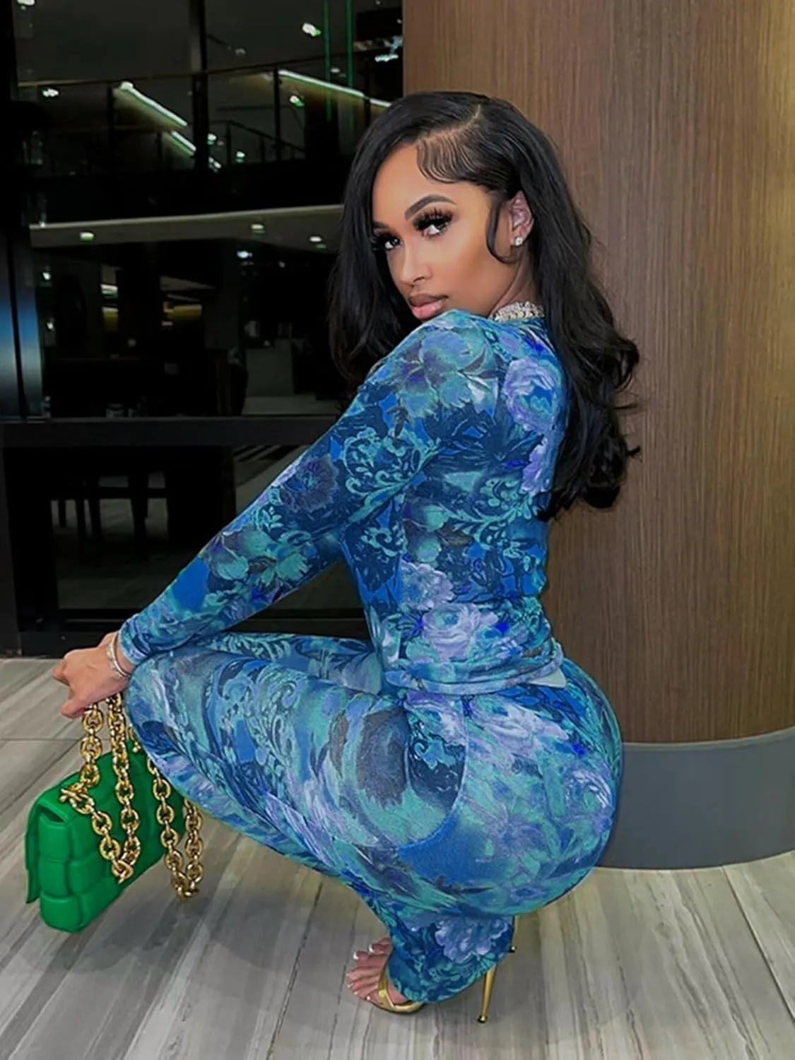 Uni Clau Womens Sexy 2 Piece Set Floral Print See Through Mesh Long Sleeve Crew Neck Tops and Long Pants Sets Matching Set