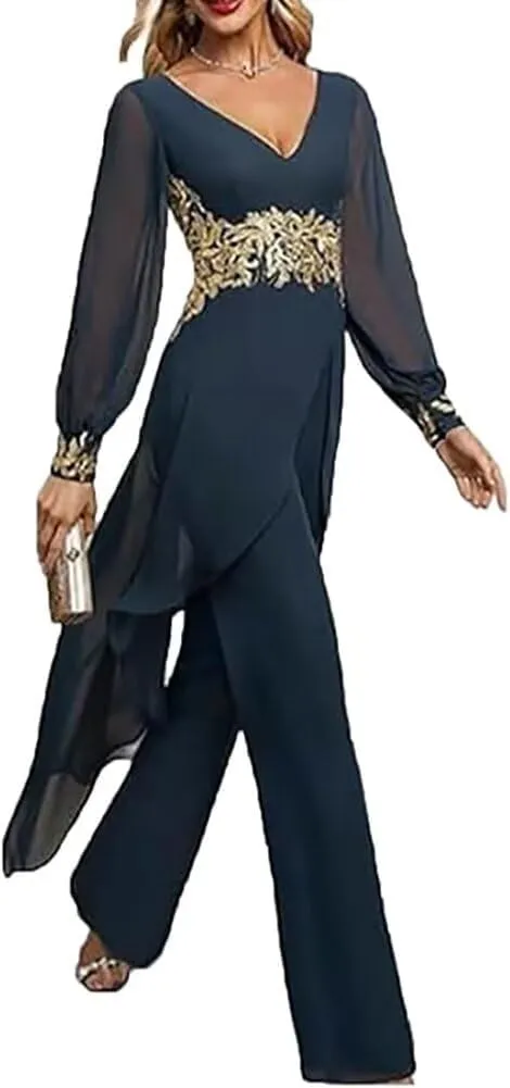 V-Neck Mother of The Bride Pant Suits for Women Asymmetrical High Low Grandmother of The Groom Jumpsuit