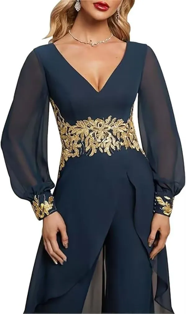 V-Neck Mother of The Bride Pant Suits for Women Asymmetrical High Low Grandmother of The Groom Jumpsuit