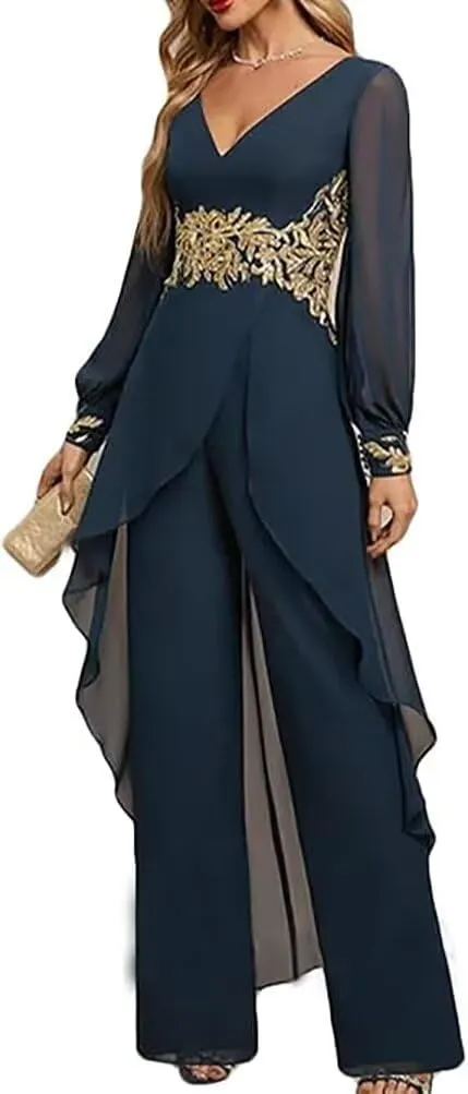 V-Neck Mother of The Bride Pant Suits for Women Asymmetrical High Low Grandmother of The Groom Jumpsuit