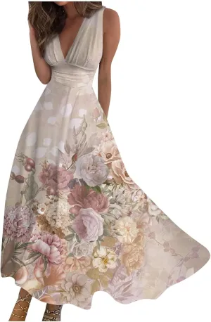 Vacation Dresses for Women, Summer Beach Plus Size V-Neck Sleeveless Fashion Dress Flowy Floral Printing Long Dresses