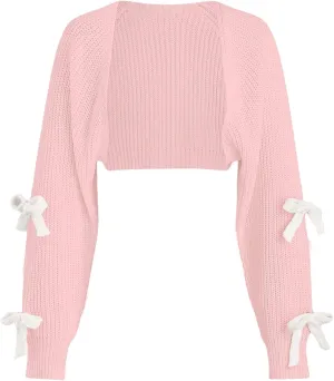 Verdusa Women's Bow Knot Open Front Long Sleeve Knitted Crop Cute Cardigan Sweater