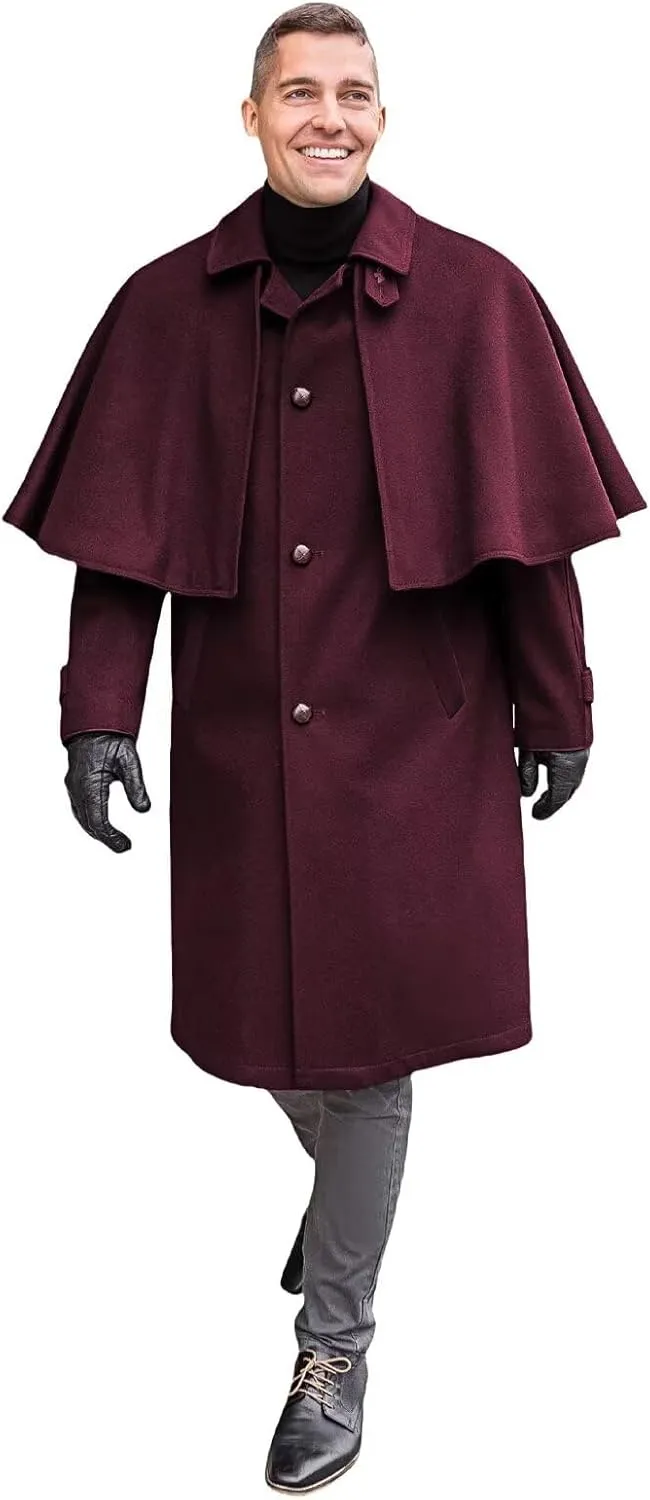 Victorian Men's Cashmere Long Overcoat with Cape Notch Lapel Trench Coat Regular Fit Cloak Pea Jacket in Winter
