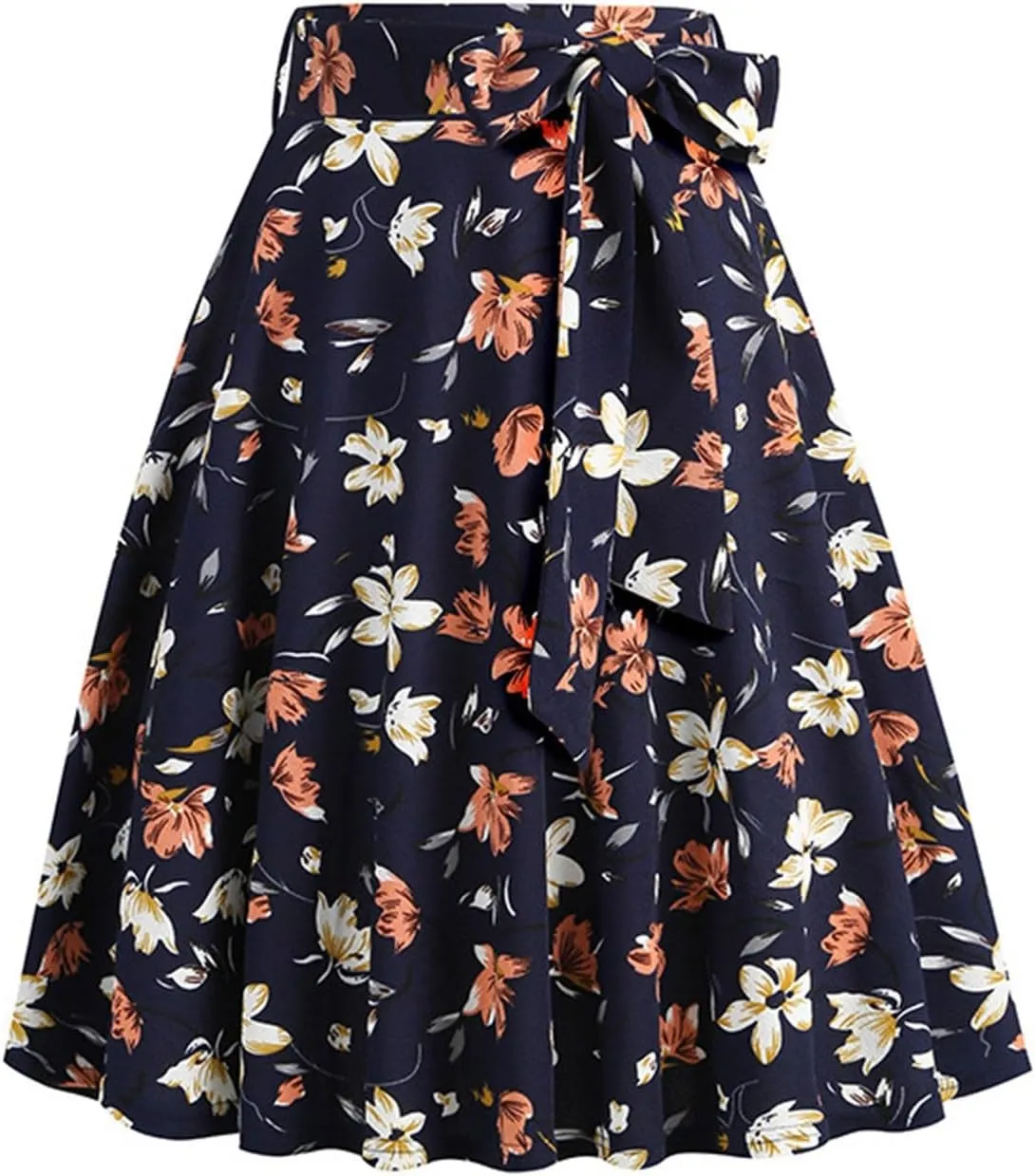 Vintage Floral Skirts for Women High Waist A Line Midi Skirt Pleated Flare Lace Up Mini Skirts Ladies Half Dress