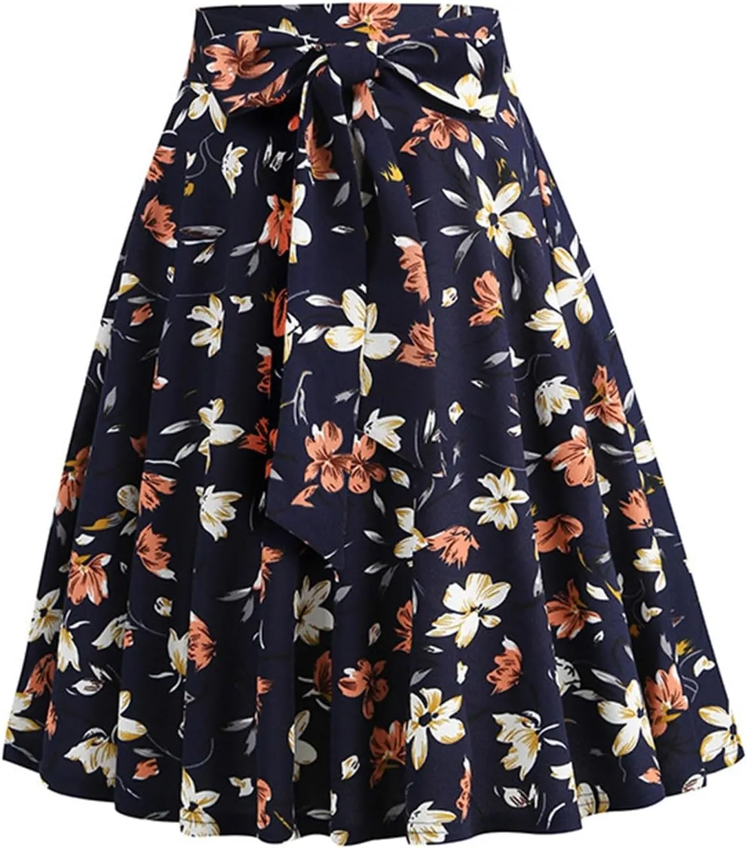 Vintage Floral Skirts for Women High Waist A Line Midi Skirt Pleated Flare Lace Up Mini Skirts Ladies Half Dress