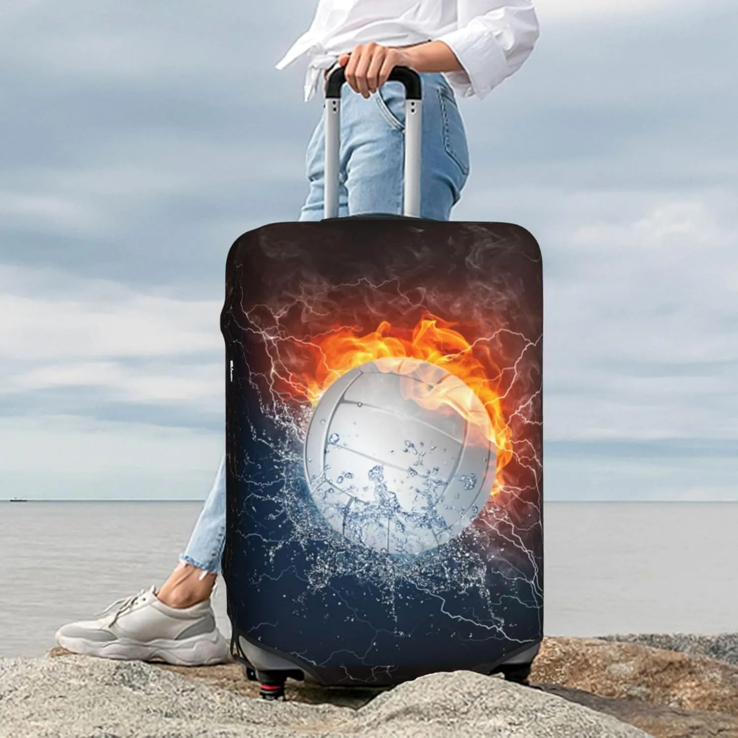 Volleyball In The Water And Fire Luggage Suitcase Covers Elastic Washable Volleyball Player Luggage Protector Travel Suitcase Protective Cover For Kid And Adult, M (Fit 22-24 Inch Luggage)