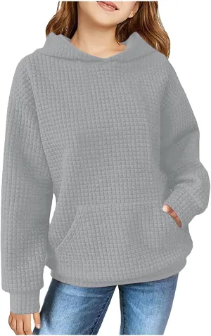 Waffle Knit Hoodies For Girls Cute Long Sleeve Hooded Pullovers Oversized Sweaters With Pocket Preppy Cloth 4-11 Years