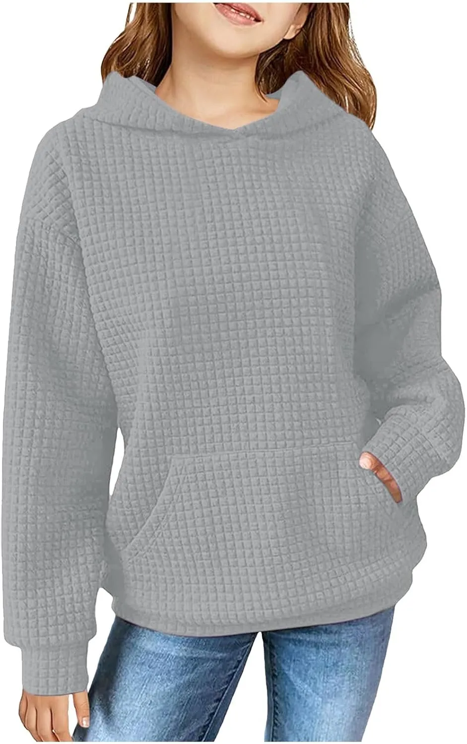 Waffle Knit Hoodies For Girls Cute Long Sleeve Hooded Pullovers Oversized Sweaters With Pocket Preppy Cloth 4-11 Years