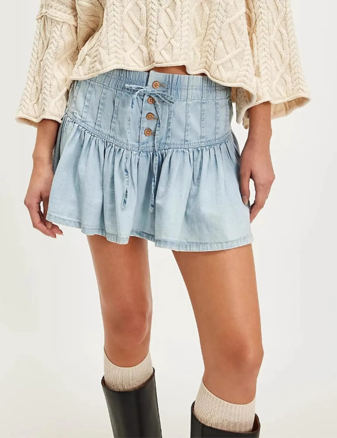 Wanzetaly Women's Casual A-Line Denim Skirts High Waisted Pleated Ruffle Short Mini Jean Skirt